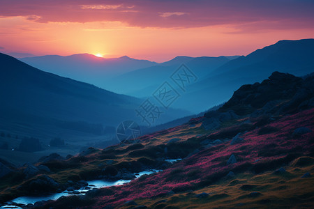 平原朝霞下的草原背景