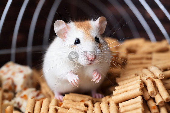 可爱的仓鼠在实验室里吃东西。图片