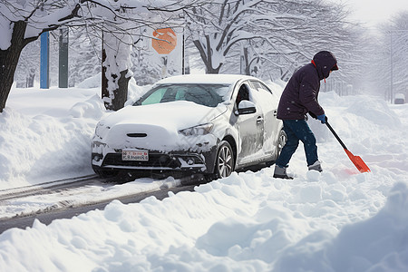 冬日户外扫雪的男人图片