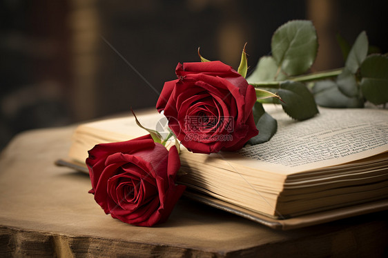 图书与书桌上的两朵玫瑰花图片