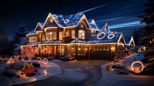 房子在晚上覆盖着圣诞灯和装饰背景图片