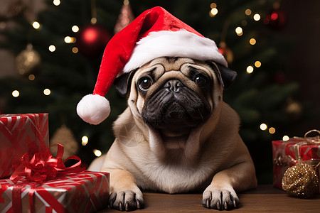 可爱的圣诞帽子狗狗和圣诞树图片