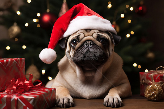 可爱的圣诞帽子狗狗和圣诞树图片