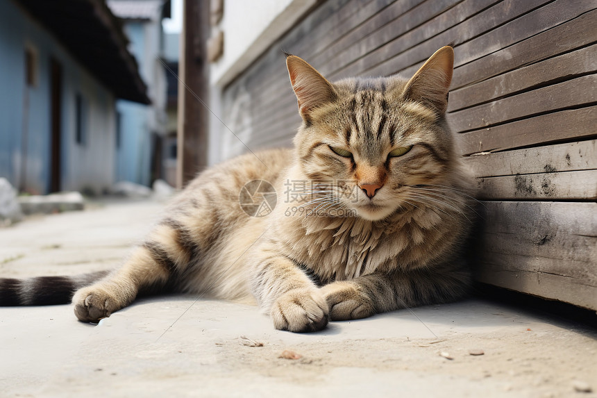 小猫躺在街道上睡觉图片