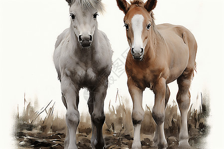 两匹马在草地上站着背景图片