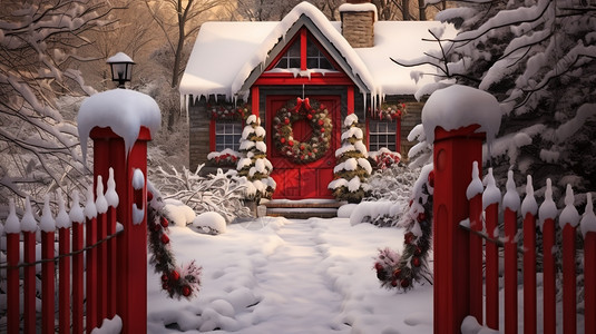 红房子前的红栅栏上的都是雪背景图片