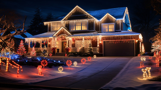 圣诞树房子周围都是灯光和装饰背景