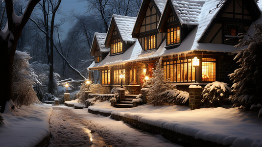 在夜晚的雪地里有许多灯光的房子图片