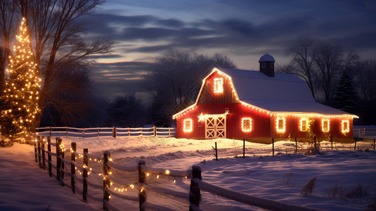 带着灯光的房子和圣诞树高清图片