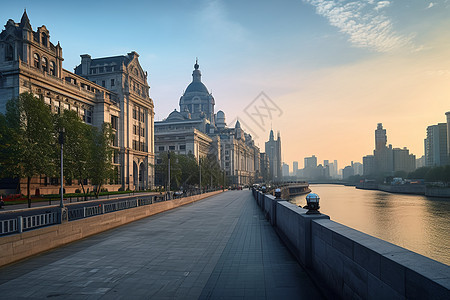 城市建筑展区早晨的河景图片