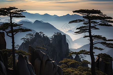 晨霞云雾中的山川图片