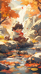 秋日河畔的小男孩图片