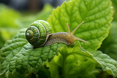 绿叶上爬行的蜗牛图片