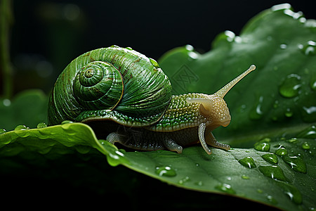 雨后绿叶上的蜗牛背景图片