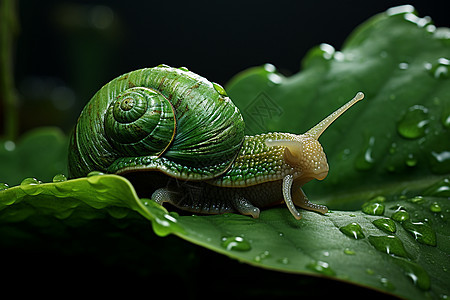 雨后绿叶上的蜗牛图片