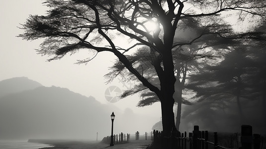 浓雾里的森林景象图片