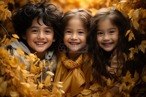 秋叶簇拥中的孩子图片