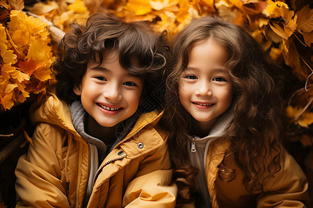 秋叶黄欢乐秋日的孩子们背景