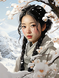 雪地里的少女绘画图片