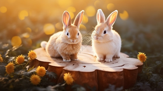 木桩上的两只兔子背景图片