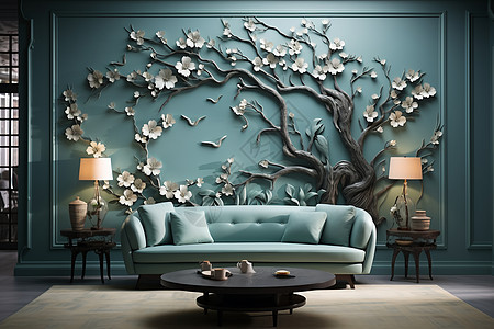 深蓝色墙画下的沙发背景图片