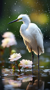 鲜花旁的白鹤图片