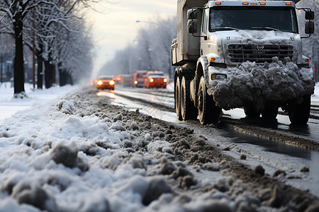 卡车开过白雪覆盖的道路图片