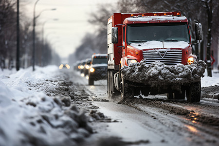 红色卡车穿过白雪覆盖的道路图片