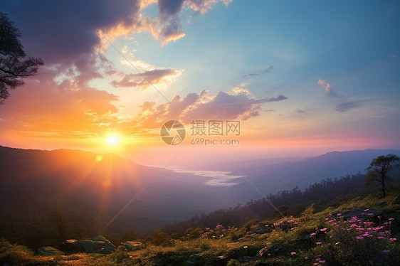 山顶的夕阳景色图片