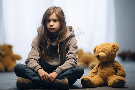 泰迪熊玩具旁的小女孩图片