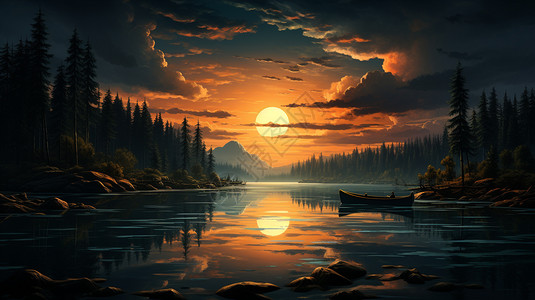 夕阳倒映水中的景色图片