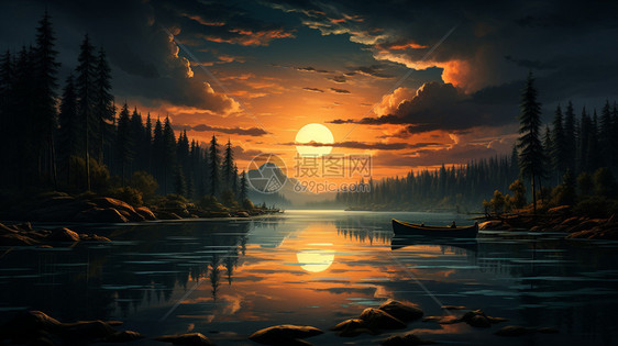 夕阳倒映水中的景色图片
