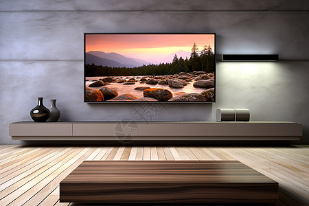 家具平面有平面电视和木质地板的起居室背景