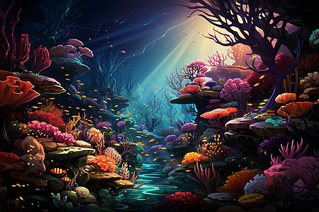 海洋生物在礁石上漂浮图片