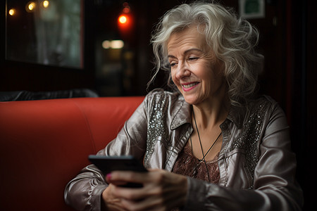 白发婆婆在沙发上看着手机微笑。图片