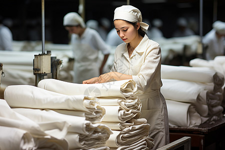 工厂中的女工在织布图片