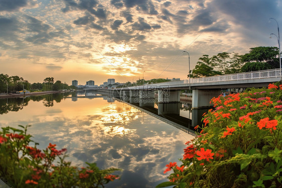 夕阳下的桥边花海图片