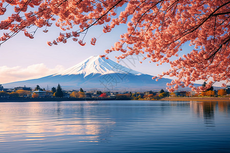 富士山下的湖泊背景图片