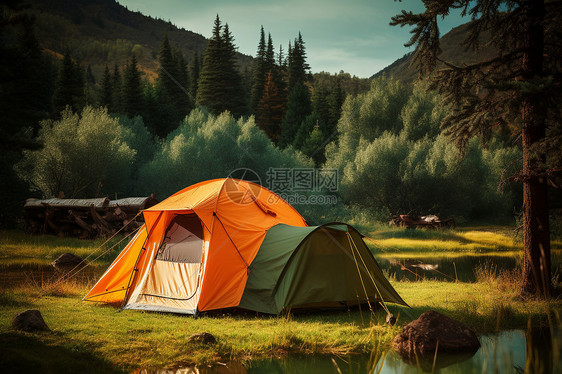 清晨草地上的帐篷图片