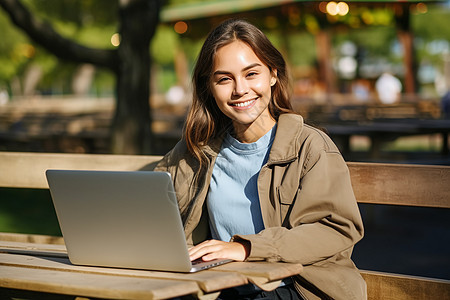 微笑女性用笔记本电脑办公图片