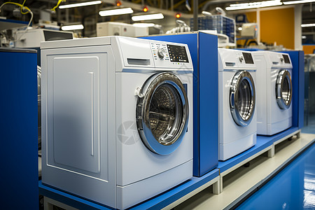 电子厂房蓝色地板上的洗衣机背景
