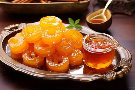 黄色桔子果盘中的橙子和蜂蜜背景