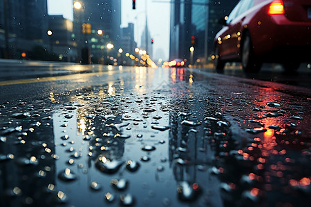雨在雨中湿润雨中泛着红光的城市背景