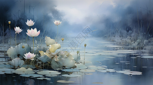 水墨画风格的池塘风景背景图片