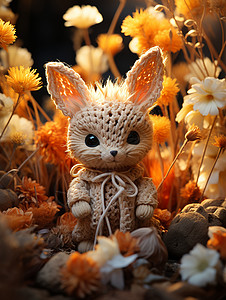自然与艺术的融合：兔子娃娃坐在花丛间图片