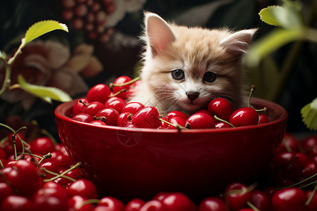 可爱的猫咪和樱桃图片