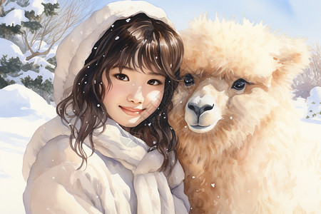 冬季雪地里的少女和骆驼图片