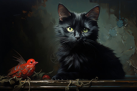 黑色猫咪的油画作品图片
