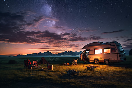汽车夜空草地上的露营车背景
