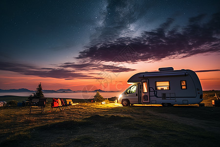 汽车夜空草地上露营的汽车背景